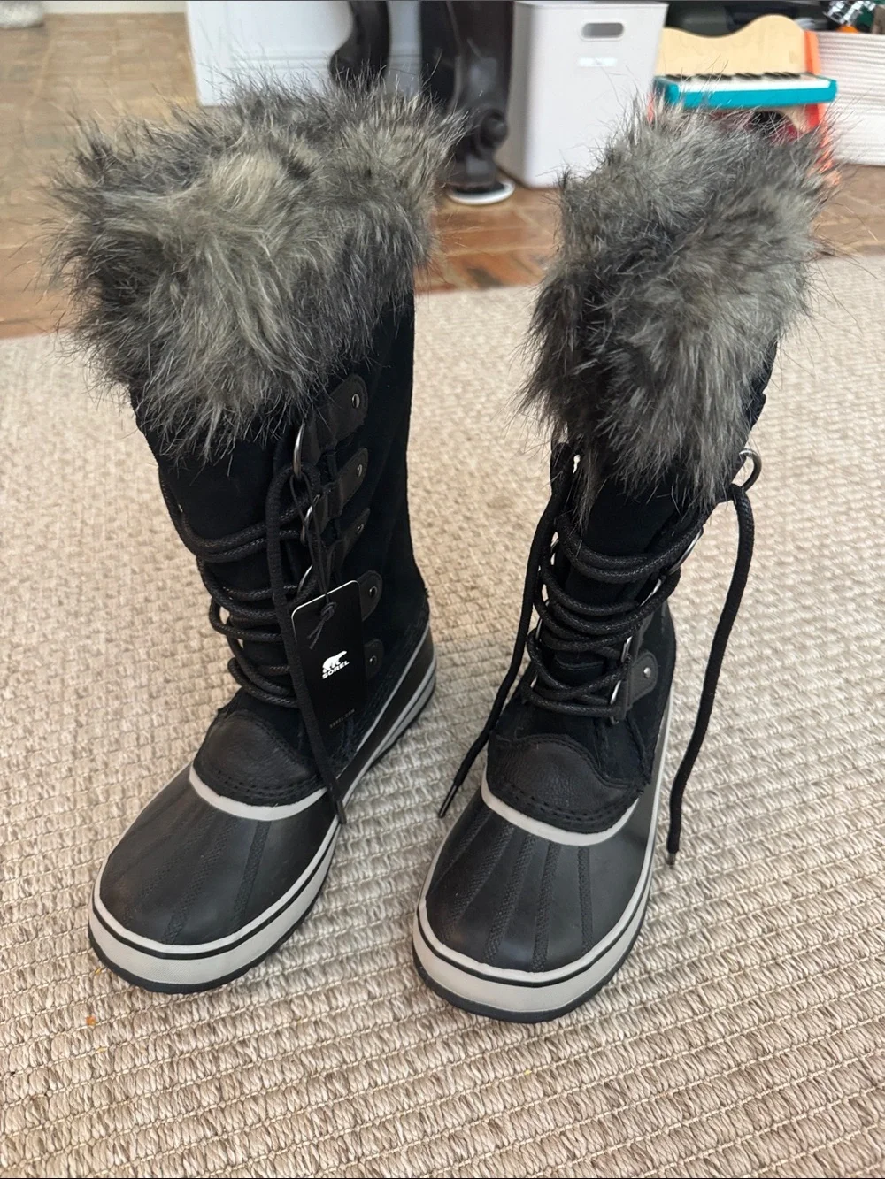 Sorel Black Winter Rain Boots with Gray Faux Fur Cuff